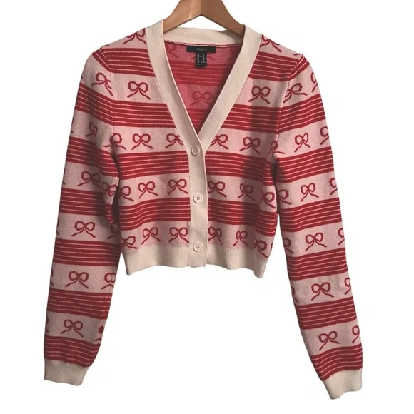 Forever 21 Coquette Striped Bow Ivory Red Knit Cardigan Sweater Size Medium - Picture 2 of 8